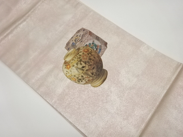 パッチワーク壺に花鳥模様刺繍名古屋帯